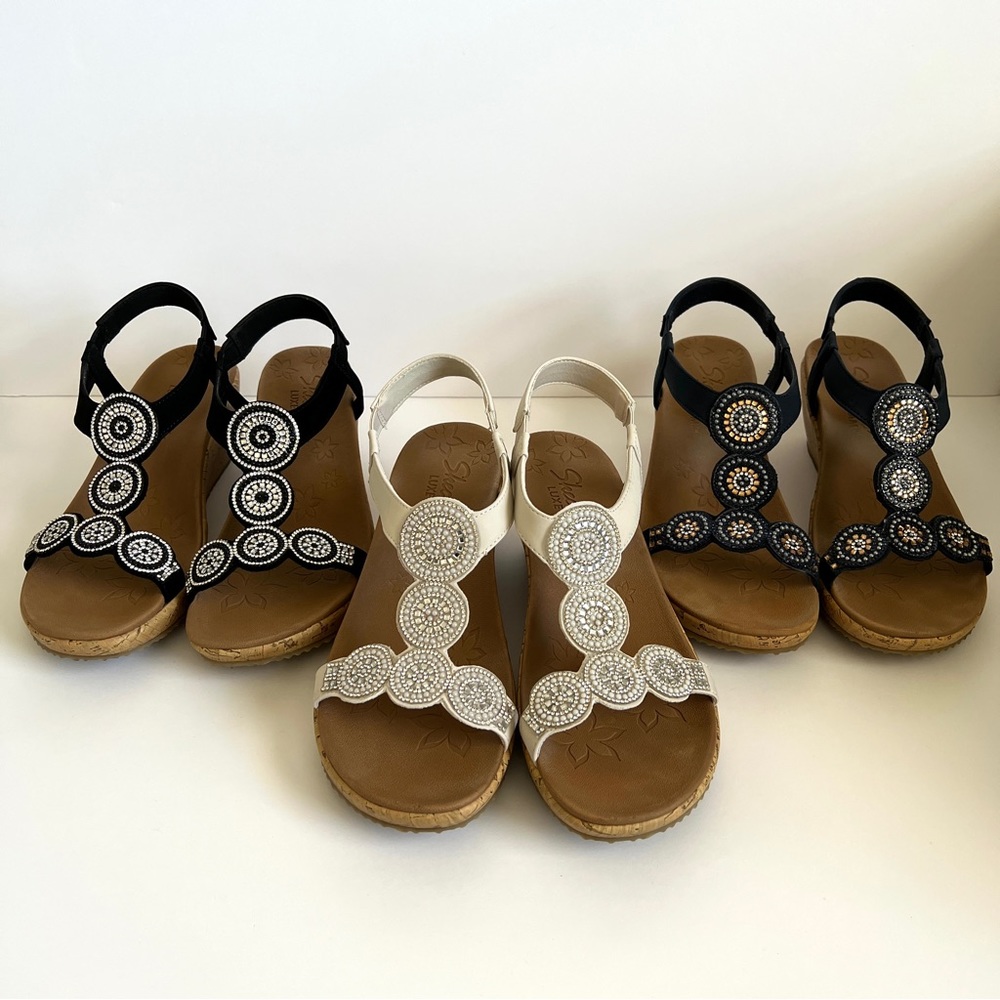 Skechers Beverlee Date Glam Wedge Sandals Navy Rhinestone Beaded Size 9 - Picture 8 of 8